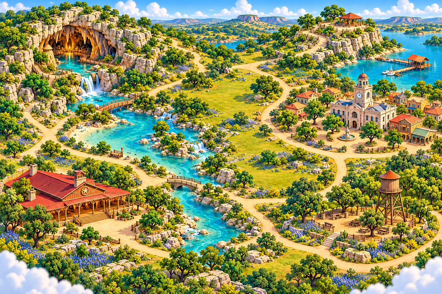 Playful illustrated Hill Country with a river, western town, campgrounds and a lake